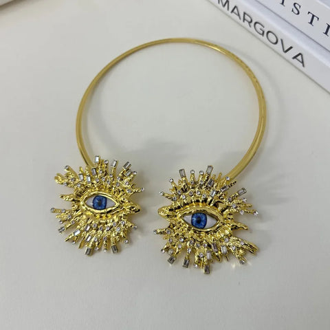 EVIL EYE SUNBURST CHOKER – Gold Crystal Collar Necklace