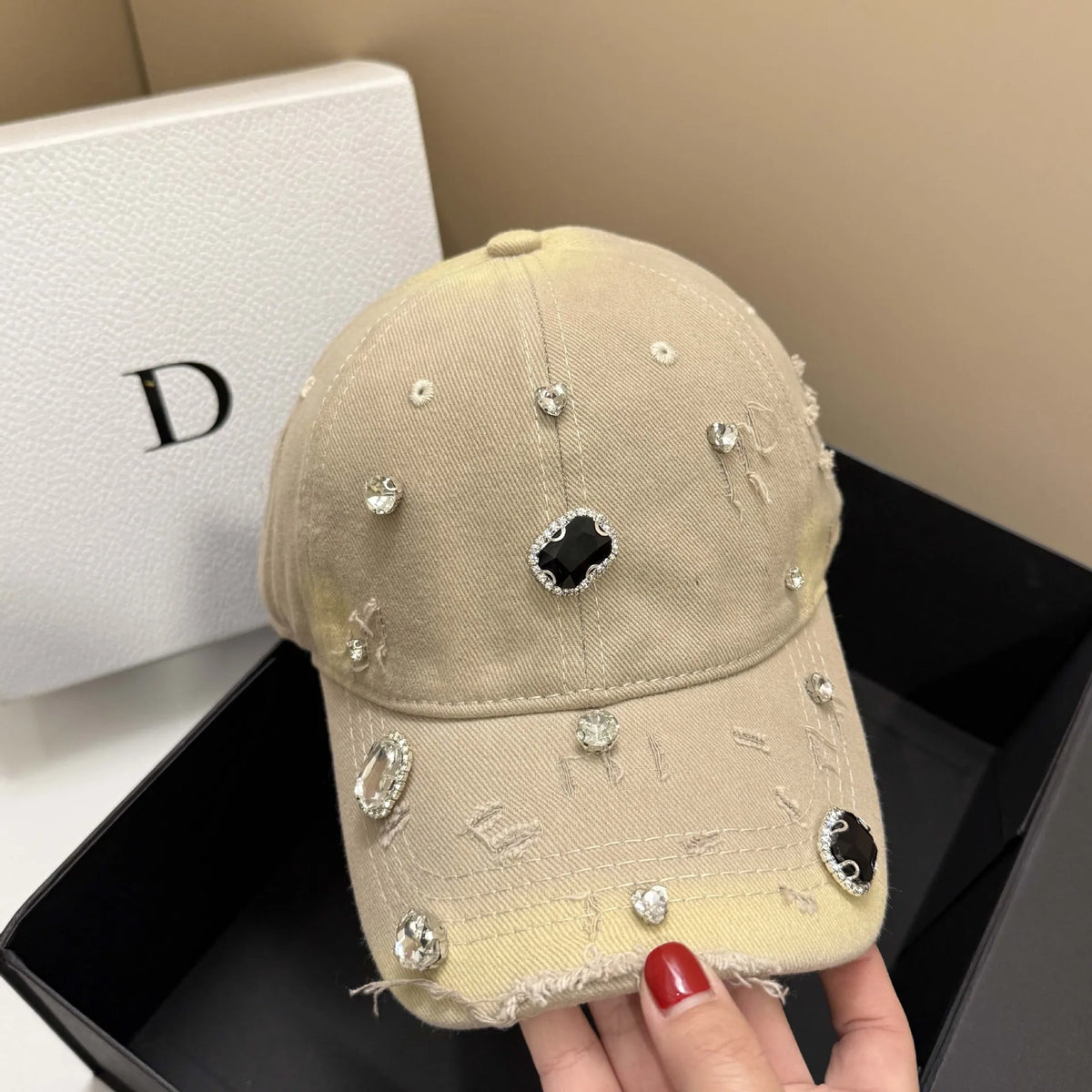 DIAMANTÉ Baseball Cap-hat-saint chic-Beige-SAINT CHIC