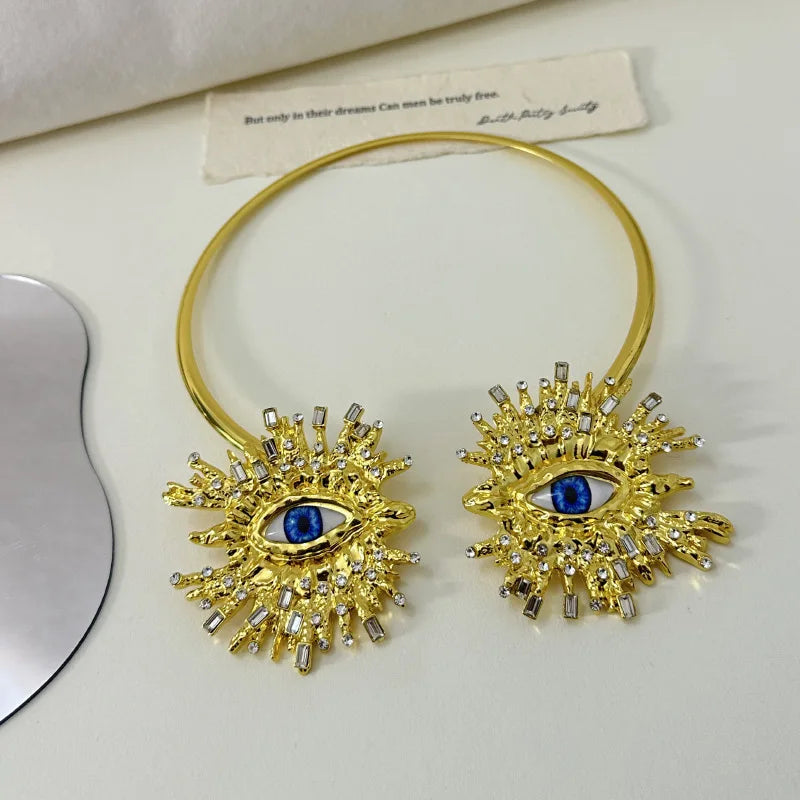 EVIL EYE SUNBURST CHOKER – Gold Crystal Collar Necklace-Necklace-SAINT CHIC-SAINT CHIC
