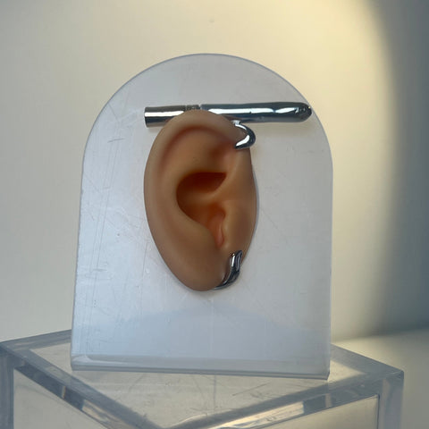 Model of a human ear on a clear stand with a white background