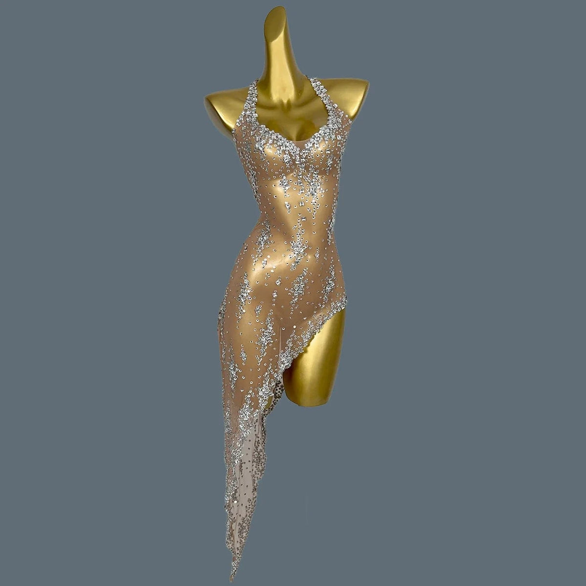 SHATTER Crystal Mesh Asymmetrical Dress-dress-SAINT CHIC-Beige-SAINT CHIC