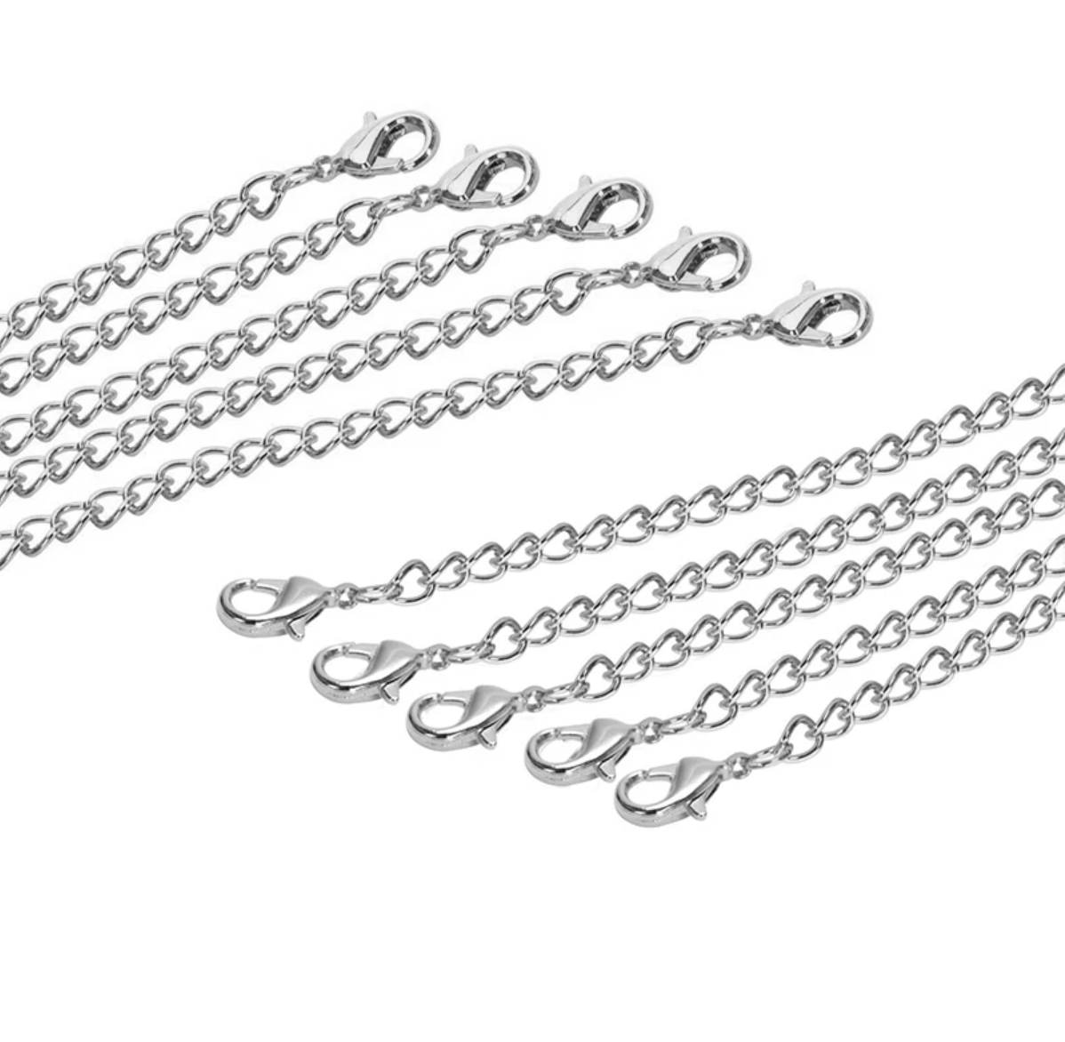 Set of silver chain necklaces with clasp on a white background