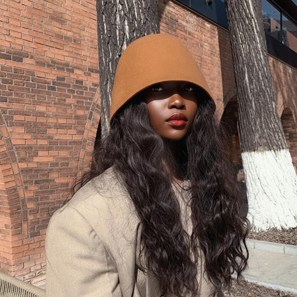 Woman wearing a brown bucket hat and beige coat standing against a brick wall.