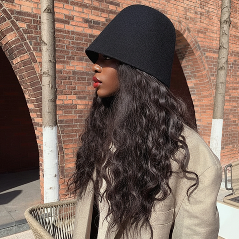 Woman wearing a black hat and beige coat standing in front of a brick building.