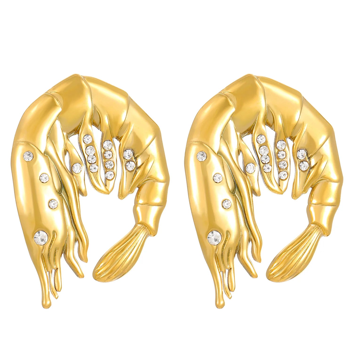 Gold shrimp-shaped earrings with rhinestones on a white background