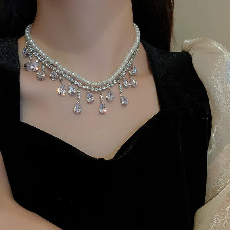 CASCADE Pearl Crystal Necklace-Necklace-SAINT CHIC Main image