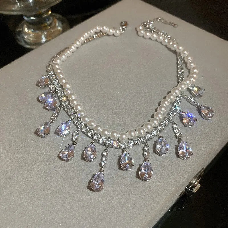 CASCADE Pearl Crystal Necklace-Necklace-SAINT CHIC