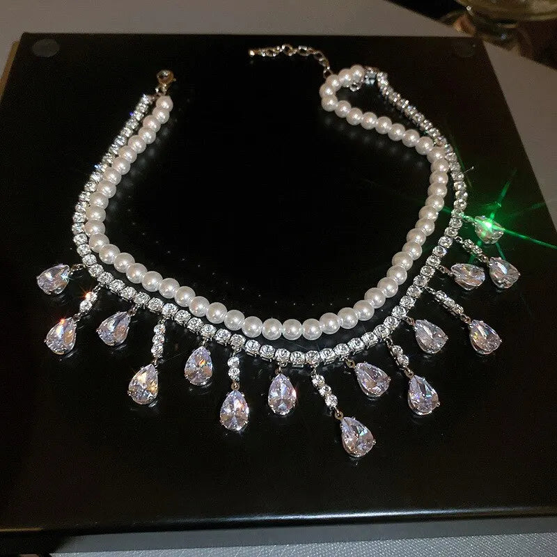 CASCADE Pearl Crystal Necklace-Necklace-SAINT CHIC