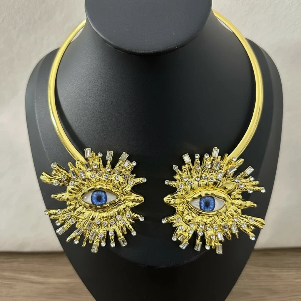 EVIL EYE SUNBURST CHOKER – Gold Crystal Collar Necklace-Necklace-SAINT CHIC