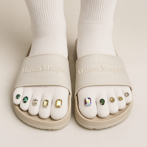 Beige Maison Margiela sandals with gemstones worn on toes against a neutral background