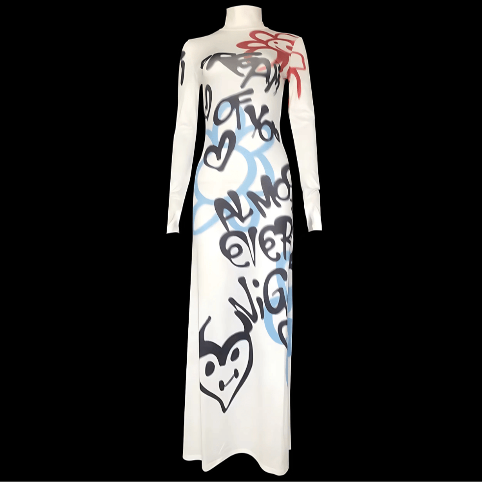 GRAFFITI Turtleneck Stretch Maxi Dress – Bold Spray Paint Print-dress-SAINT CHIC