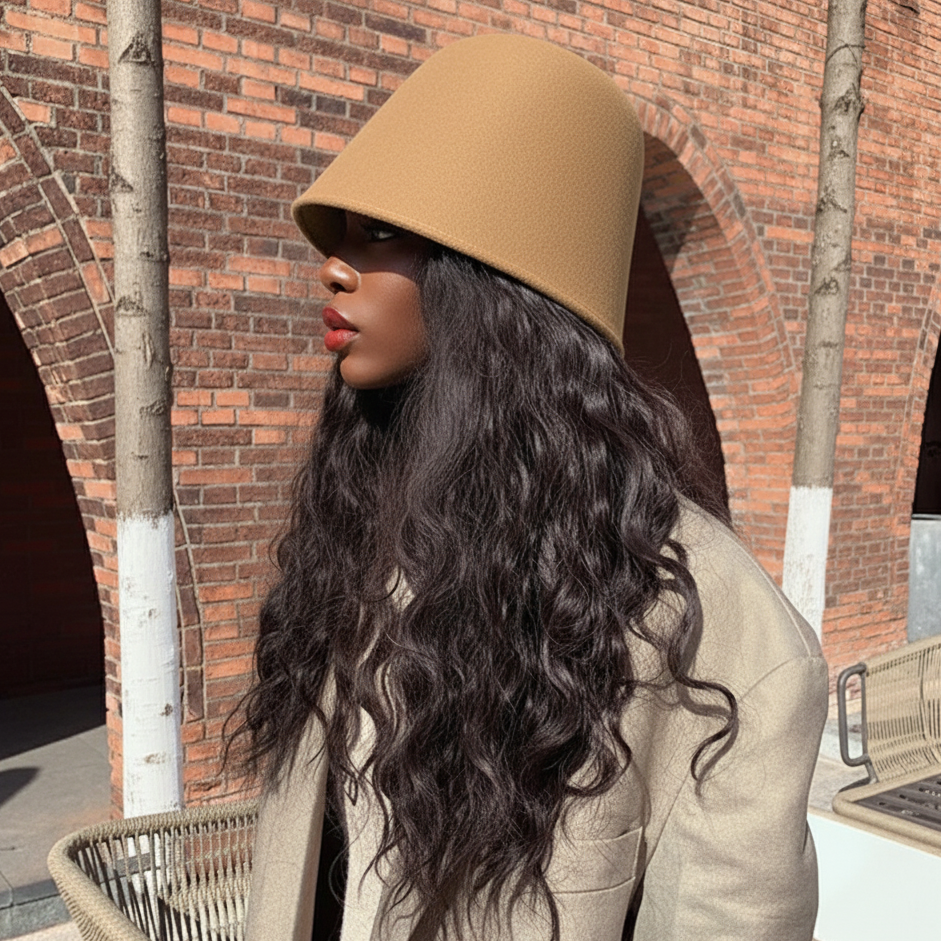 Person wearing a beige hat and coat in front of a brick building