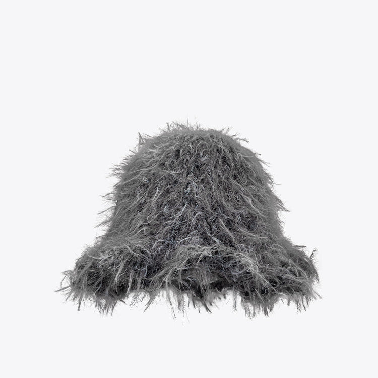 Gray fuzzy beanie on a white background