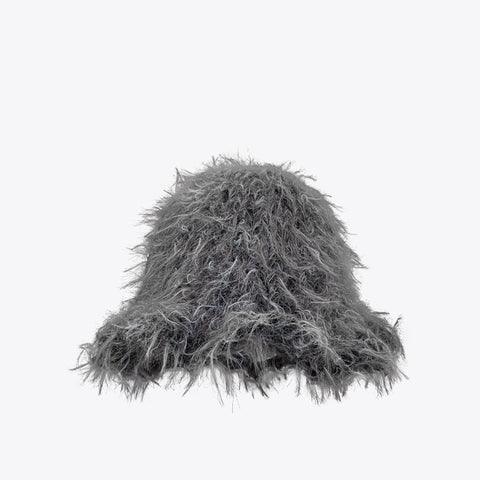 Gray fuzzy beanie on a white background