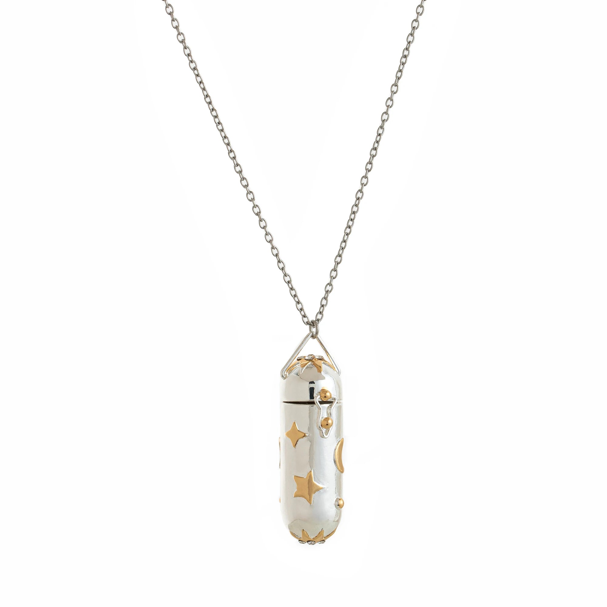 Necklace with a capsule pendant featuring gold stars on a white background
