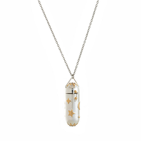 Necklace with a capsule pendant featuring gold stars on a white background