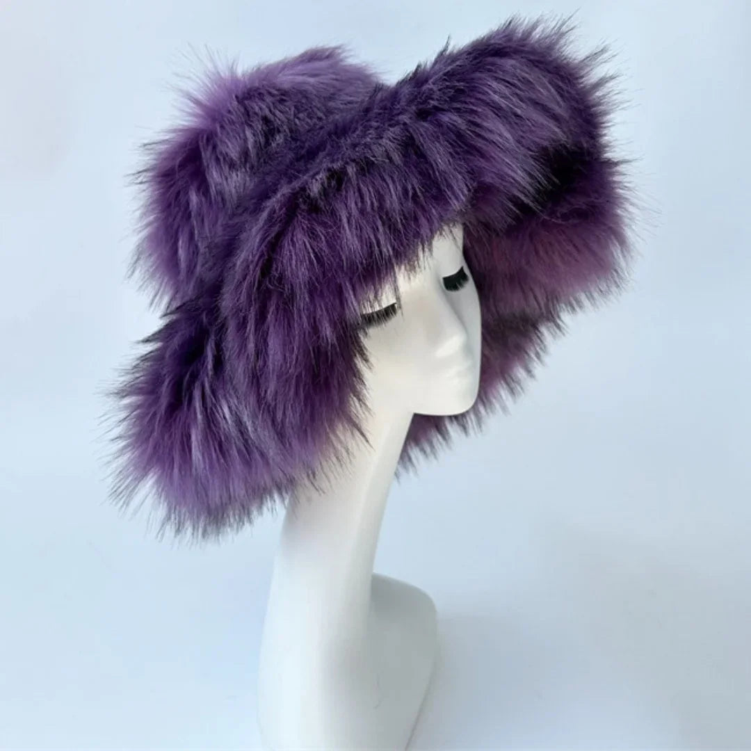 Purple fur hat on a mannequin head against a light gray background
